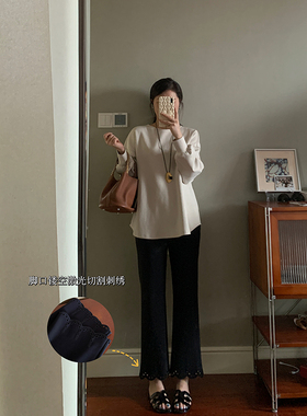 【现货款】花总吖【女神裤2.0】秋冬新款高黑花边裤腿九分微喇裤