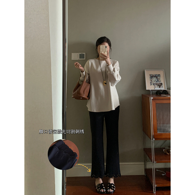 【现货款】花总吖【女神裤2.0】秋冬新款高黑花边裤腿九分微喇裤