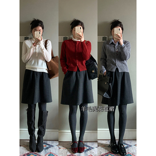 花总吖  秋冬新款韩系羊毛花苞短款毛呢半裙后松紧腰加厚百搭中裙