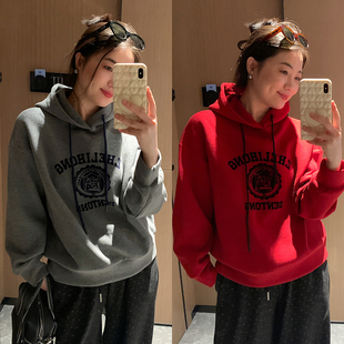 花总吖  秋冬新款美式复古磨毛植绒字母加绒卫衣小版宽松百搭卫衣