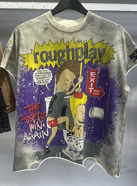 美式潮牌RoughPlay烫钻复古洗水做旧卷边男女情侣宽松短袖T恤tee