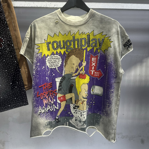 美式潮牌RoughPlay烫钻复古洗水做旧卷边男女情侣宽松短袖T恤tee