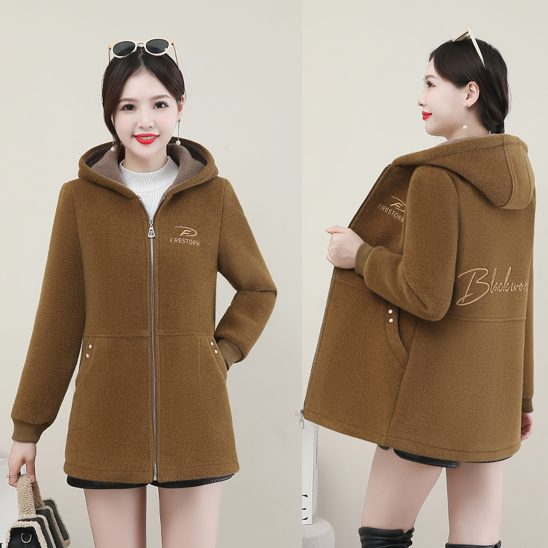 中年妈妈新款加绒加厚连帽休闲卫衣冬季中长款外套修身保暖开衫女