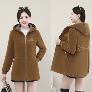 中年妈妈新款加绒加厚连帽休闲卫衣冬季中长款外套修身保暖开衫女