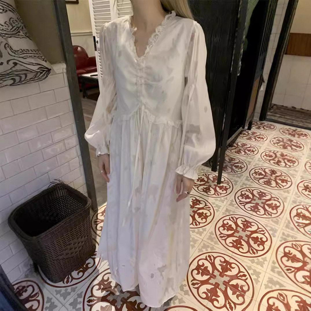 大码女装高个子法式加长连衣裙秋抽绳系带甜美初恋仙女长裙子
