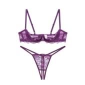 内衣套装 紫色显白 蕾丝性感四分之一罩杯小胸聚拢上托镂空三点式