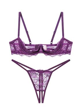 紫色显白！蕾丝性感四分之一罩杯小胸聚拢上托镂空三点式内衣套装