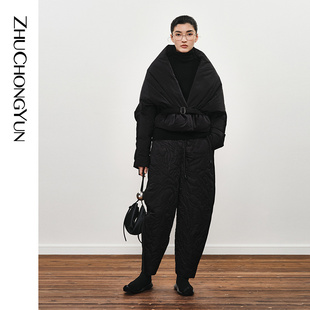 羽绒服 黑色立裁白鹅绒短款 ZHUCHONGYUN冬季 围裹式