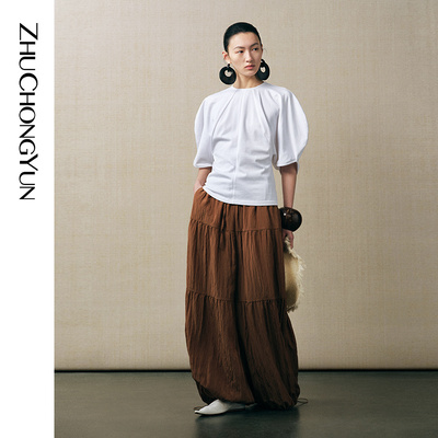 ZHUCHONGYUN2025秋新款茧型棉质T恤插肩袖弧型剪裁廓形上衣短袖