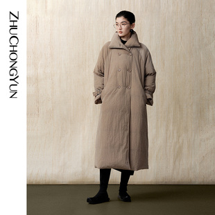 ZHUCHONGYUN冬季诗意方襟配腰带宽松直身长款白鹅绒羽绒服
