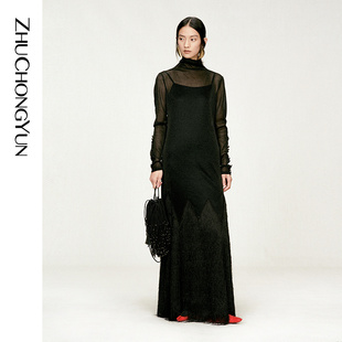 【意大利面料】ZHUCHONGYUN2026春新款金属光泽拼接毛羽感连衣裙