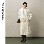 ZHUCHONGYUN2025冬新款 肌理绑带直筒半裙开衩下摆裙子