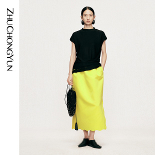 黑色圆领宽肩针织短袖 ZHUCHONGYUN2026夏新款 半裙套装 镂空绣