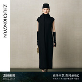 ZHUCHONGYUN冬季 简约黑色绵羊毛针织长披肩连衣裙 优雅时尚