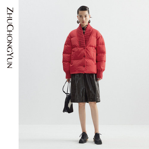 外套短款羽绒新中式罗纹拼领