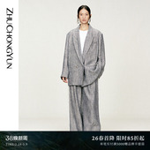 ZHUCHONGYUN2026春新款 斜纹亚麻双排扣戗驳领空间感西装