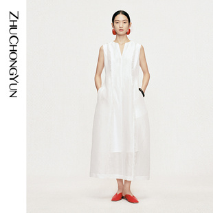 无袖 ZHUCHONGYUN2026夏新款 收腰毛边花苞型连衣裙 丝麻混纺