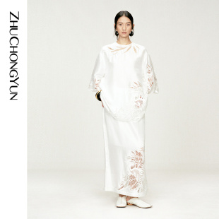上衣A字裙套装 ZHUCHONGYUN2026夏新款 白色真丝水溶蕾丝绣花中袖