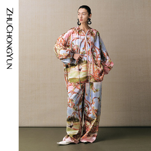 真丝中式 ZHUCHONGYUN夏新品 印花阔腿长裤 陶韵鹳彩