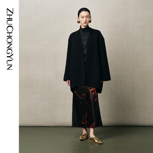 型腰间调节绑绳 版 ZHUCHONGYUN2025冬新款 毛呢大衣外套宽松中长款