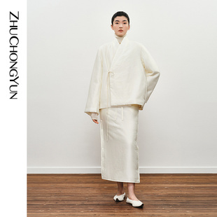 ZHUCHONGYUN冬季 棉衣半裙 白色褶皱纽扣裙摆宽松直筒中长款