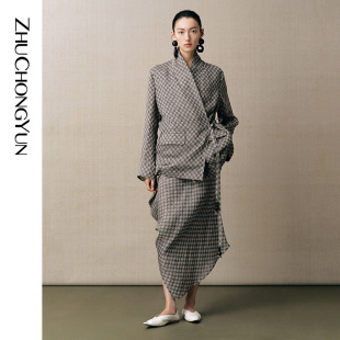 ZHUCHONGYUN2025夏新款 小西裝 棋盤格肌理斜門襟系帶亞麻松弛中式