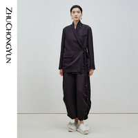 ZHUCHONGYUN2024夏新款黑色褶皱设计感茧型长裤子