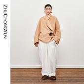 ZHUCHONGYUN冬季 异形金属大纽扣东方交领宽松花色羊毛外套