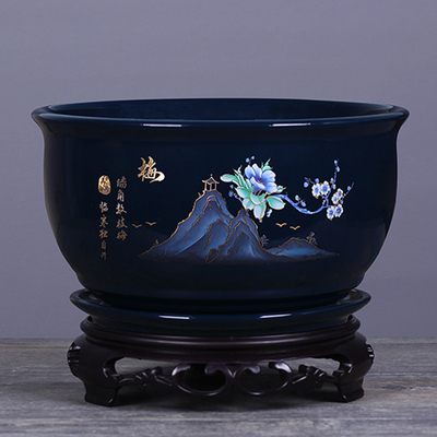 花盆陶瓷带托盘大号圆形盆景盆大口径君子兰仿古复古桌面阳台
