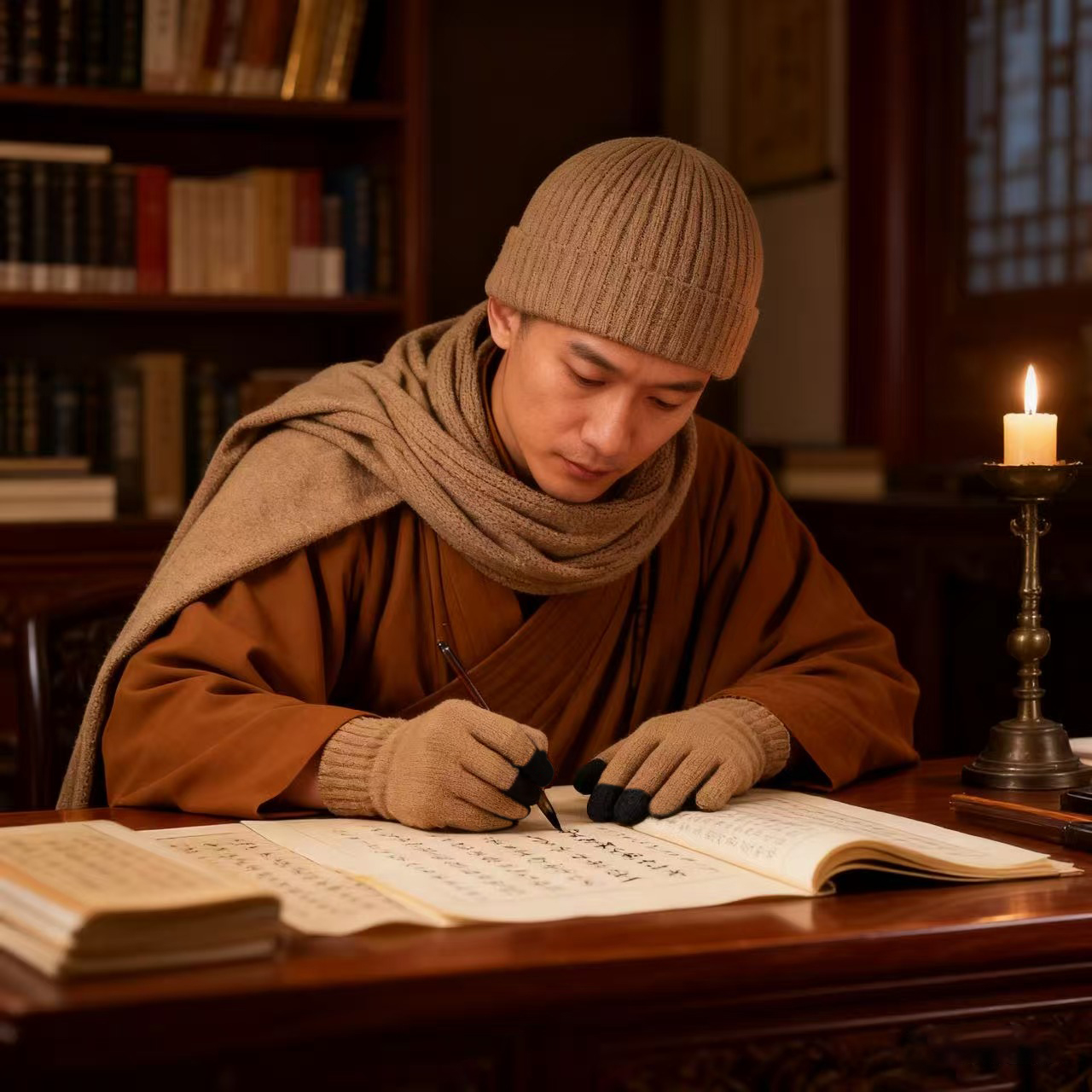 僧帽围巾手套冬季套装加绒保暖三件套出家人帽子居士帽僧人和尚帽