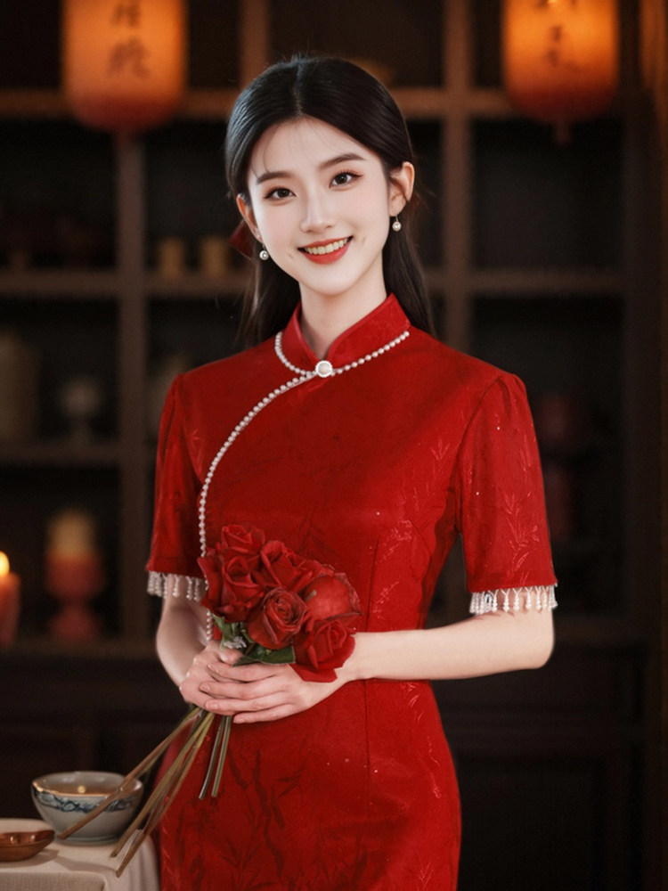 红色旗袍敬酒服新娘高级感2024年新款中式订婚礼服裙女结婚小个子