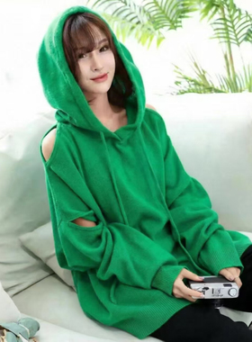 MACQNF正品80%羊毛大件宽松针织衫慵懒风套头连帽绿色毛衣28205MQ