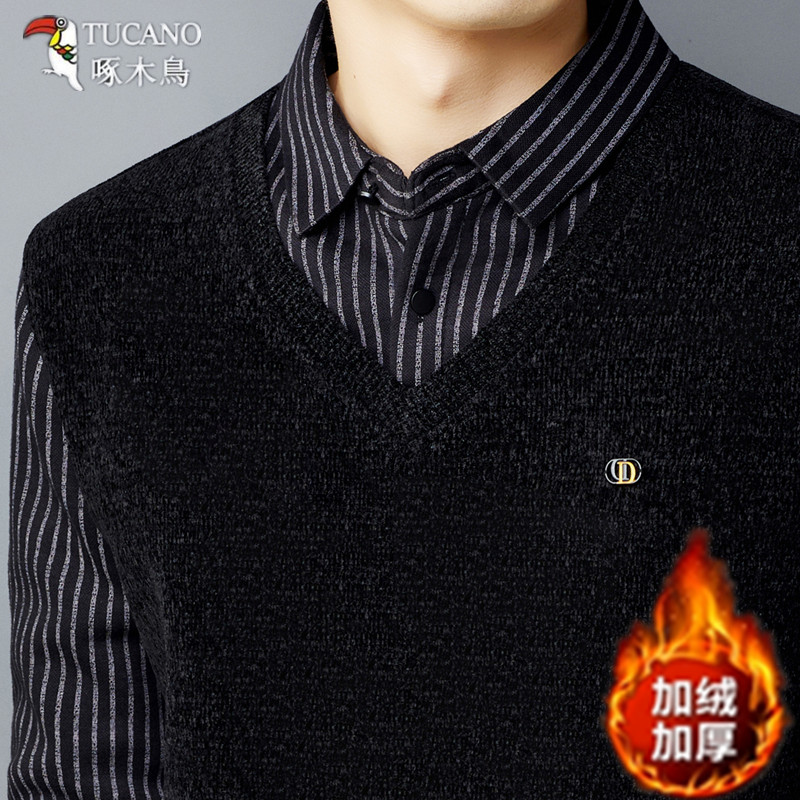 啄木鸟套头棉衬衫领保暖假两件