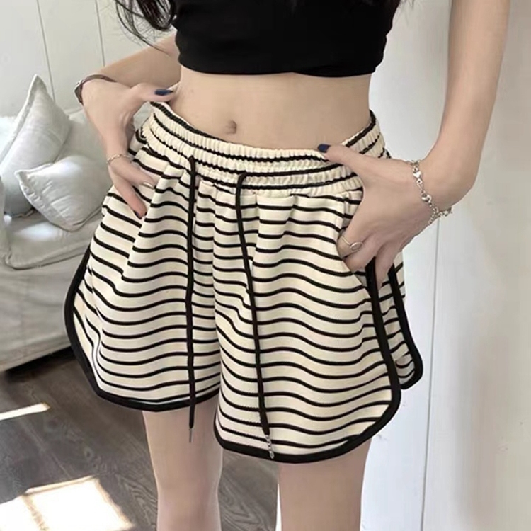 大码300斤黑白条纹运动短裤女夏季胖mm高腰显瘦休闲百搭外穿热裤