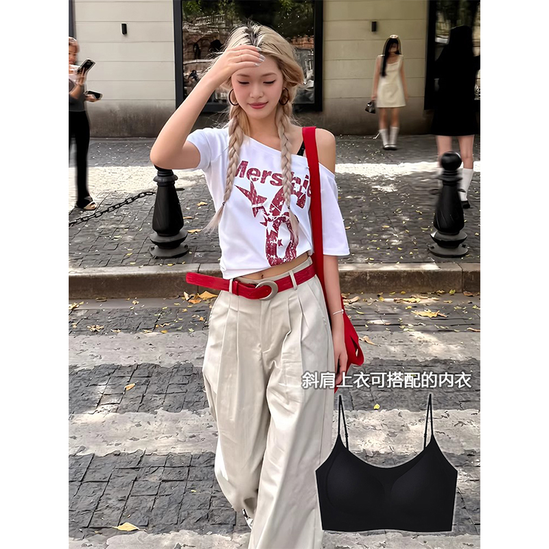 大码胖mm春夏美式字母印花斜肩短袖T恤女辣妹宽松休闲风打底上衣