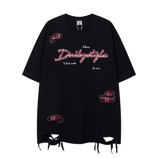 欧美流行美式高街潮流格子割烂破损设计贴布短袖T恤男女可穿上衣