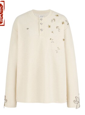 【章自豪】Orison Morgana 法绣木槿花水钻亨利领华夫格长袖T恤衫