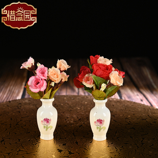 家居小摆件田园风格陶瓷花瓶供奉祖先带仿真花迷你袖珍小花瓶