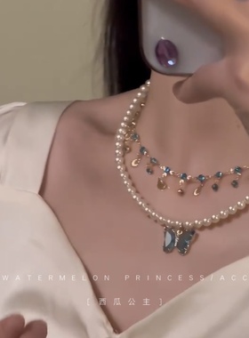 「珍珠海与蝶」珍珠项链女款2025新款蝴蝶吊坠双层叠戴锁骨链颈链