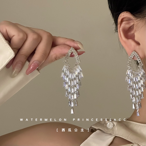 「白晶瀑布」锆石流苏耳环2026新款爆款高级感轻奢晚宴礼服耳饰女