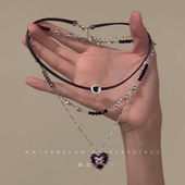 「甜酷粉绑带爱心」多层叠戴项链女辣妹黑皮绳锁骨链chocker颈链