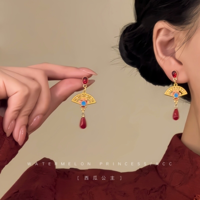 「梦红金扇」新中式国风耳环女古风高级感婚礼旗袍汉服秀禾服耳饰