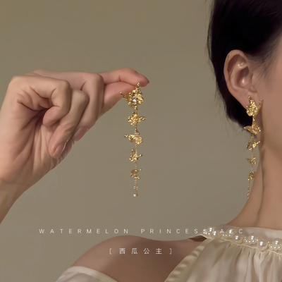 「月蝶鎏金」金色蝴蝶耳环女高级感流苏耳坠液态金属复古法式耳饰