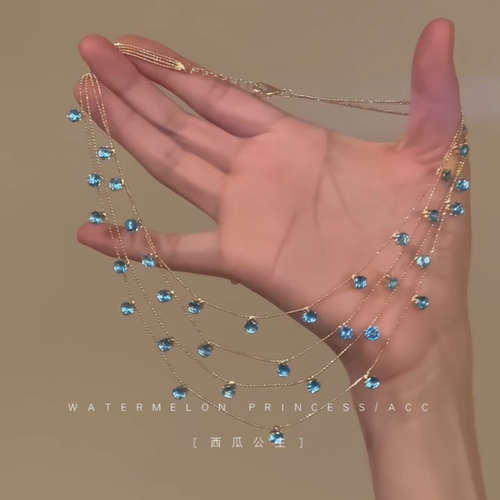 「错落仙蓝」多层叠戴项链女款2025新款爆款高级感蓝钻锁骨链颈链