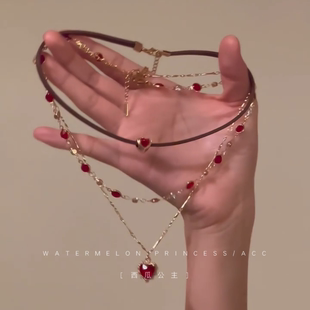 「莓果心跳」多层叠戴项链女辣妹甜酷潮搭皮绳锁骨链choker颈链潮