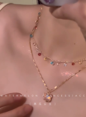 「糖果小粉蝶」夏日多巴胺项链女粉色蝴蝶吊坠双层叠戴锁骨链潮