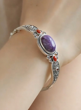 复古紫气东来手镯女款新中式国风高级感设计时尚百搭蝴蝶花纹手环