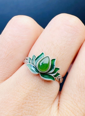 复古水滴莲花戒指女新中式珐琅工艺可调节指环国风绿色花卉开口戒