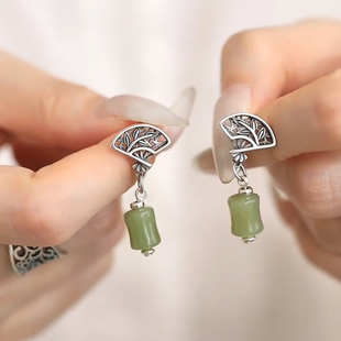 复古碧绿竹节耳钉女款新中式国风轻奢高级感耳环古风扇形竹叶耳坠