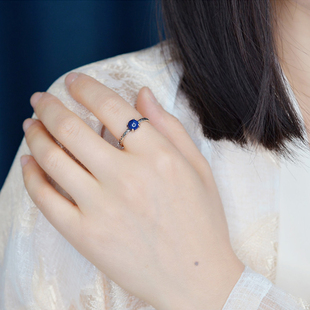 复古做旧青金石戒指新中式国风高级感简约雕纹圆形开口可调节指环